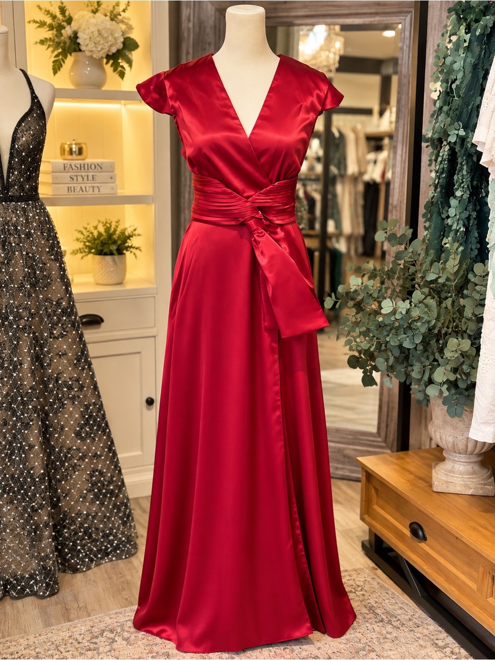 Satin Red V-Neck Wrap Evening Gown